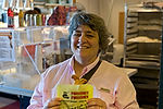 Ellen with Salmon Piroshky at Piroshky Piroshky